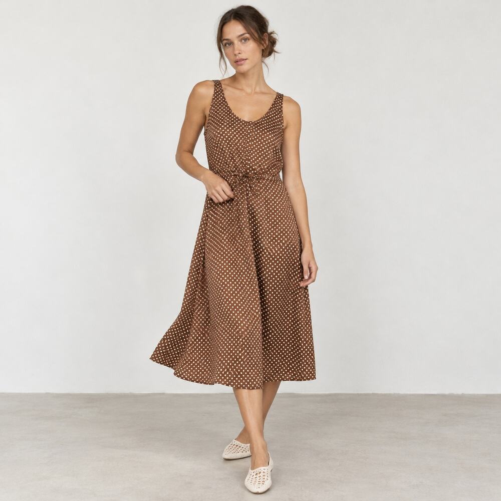 Raquel Allegra Brown White Polka Dot Silk Cotton Midi Dress Size 0